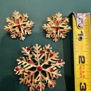 Dodds Snowflake Brooch and Earring Set with Red and Green Accents